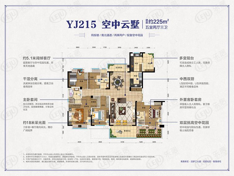 汨罗碧桂园yj215户型225㎡五室两厅三卫户型图
