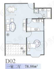 河畔明珠房型: 一房;  面积段: 67.1 －76.86 平方米;户型图
