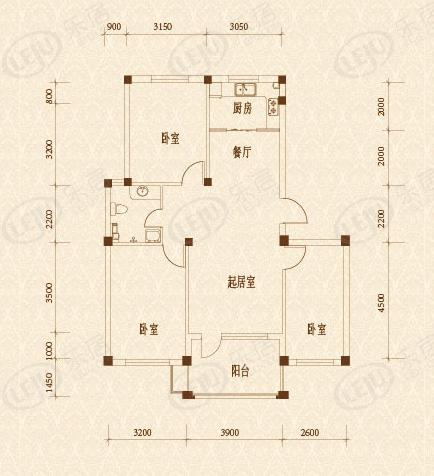 b户型 三室二厅一卫