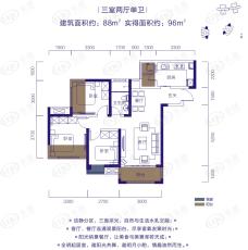 中国水电泛悦国际户型C 3室2厅1卫户型图